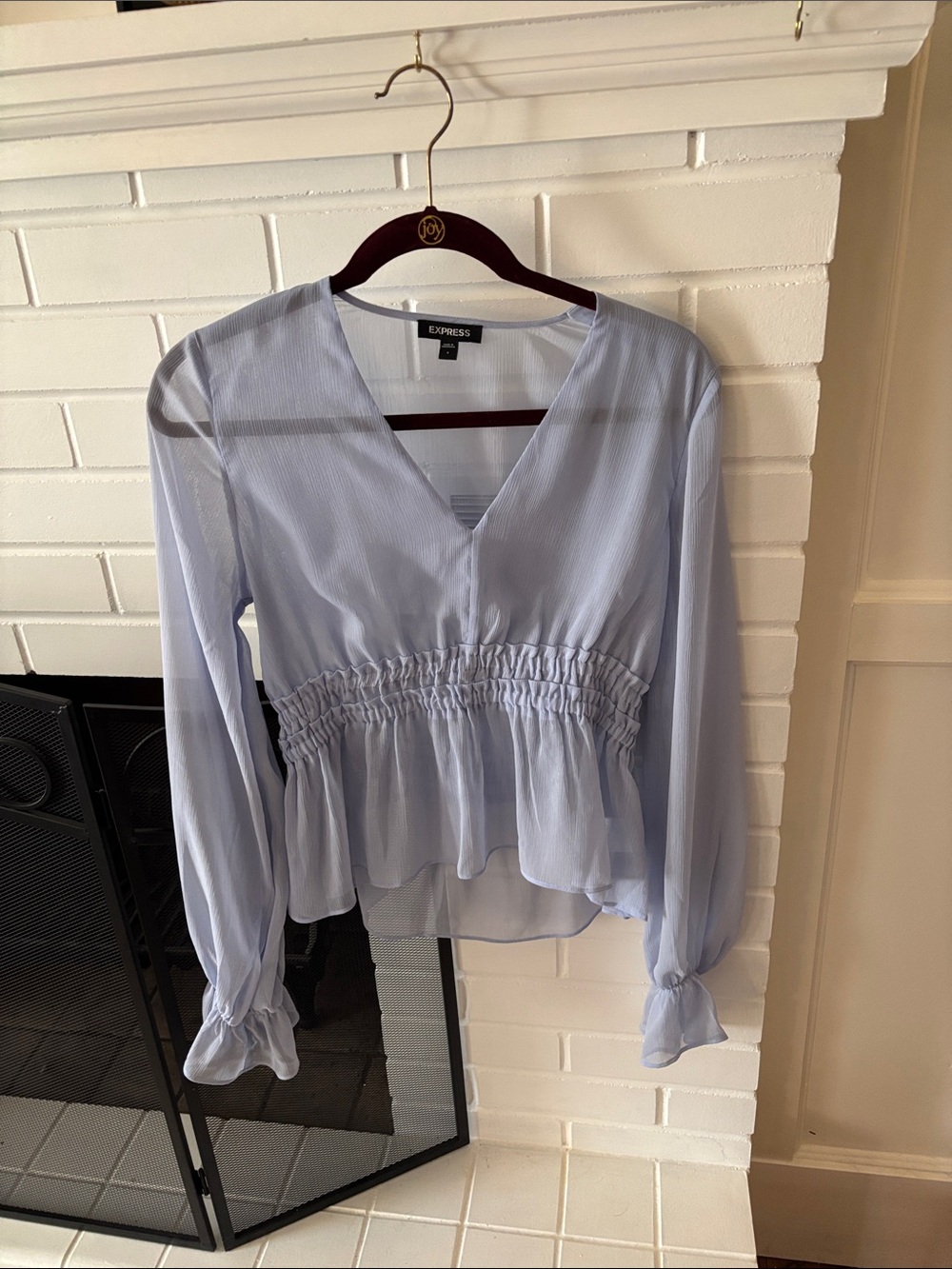 Express Light Blue Long-Sleeve Smocked Waist Peplum Blouse